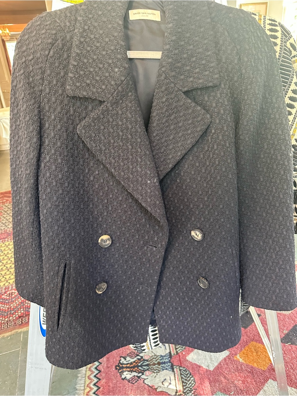 Dries Van Noten Black Textured Double-Breasted Blazer